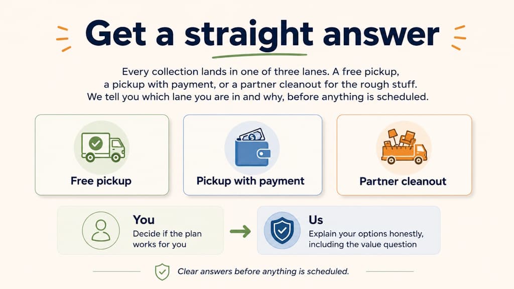 The three lanes a collection can land in, free pickup, pickup with payment, or partner cleanout