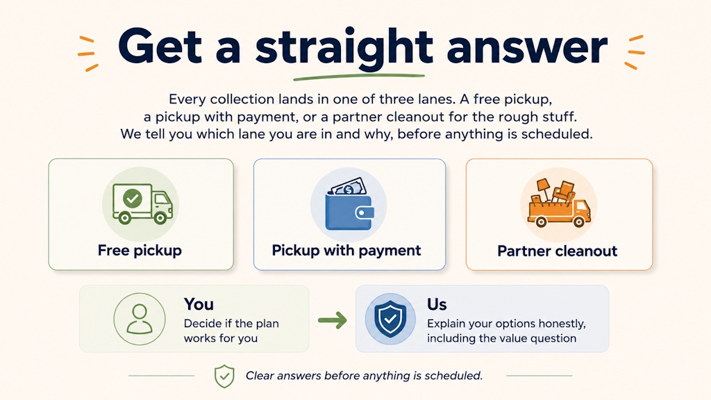 The three lanes a collection can land in, free pickup, pickup with payment, or partner cleanout