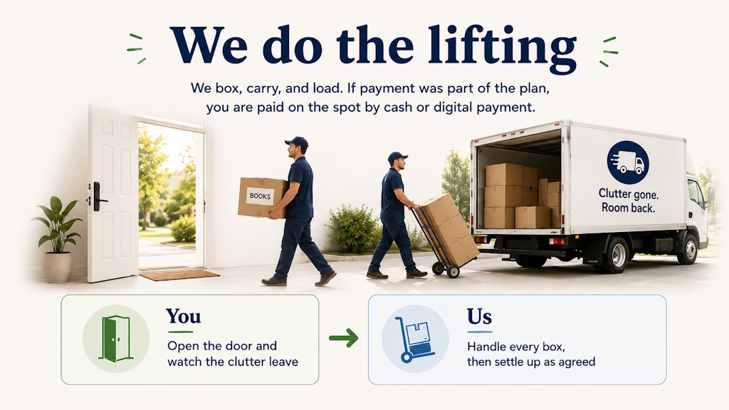 Movers loading boxes of books into a truck that reads clutter gone, room back